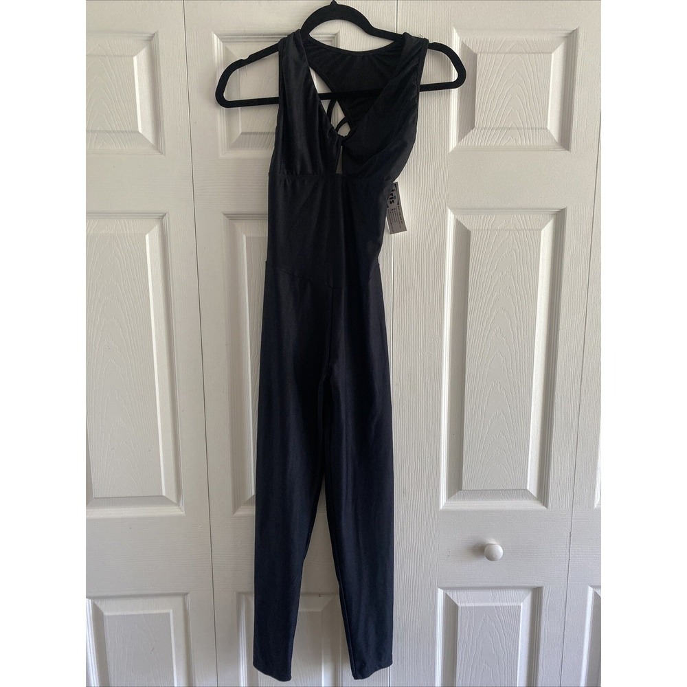 Iris Fitness Strappy Back Jumpsuit Womens Size S Black Unitard Yoga Activewear